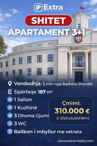 Shitet apartament i ri 3+1+3 prane Bashkise Shkoder